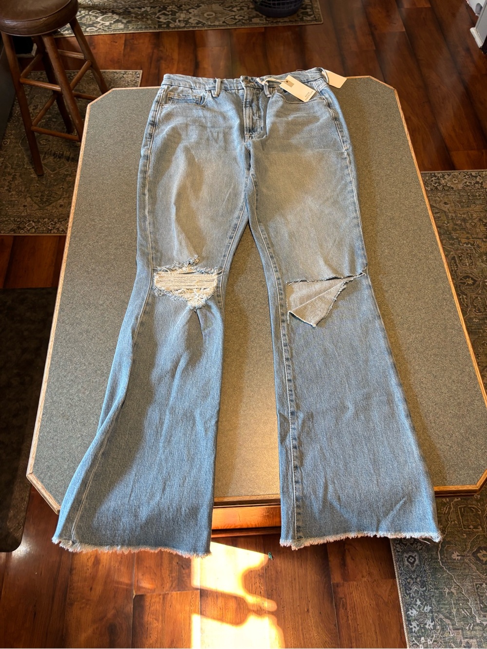 Good American Light Blue Distressed Flare Jeans